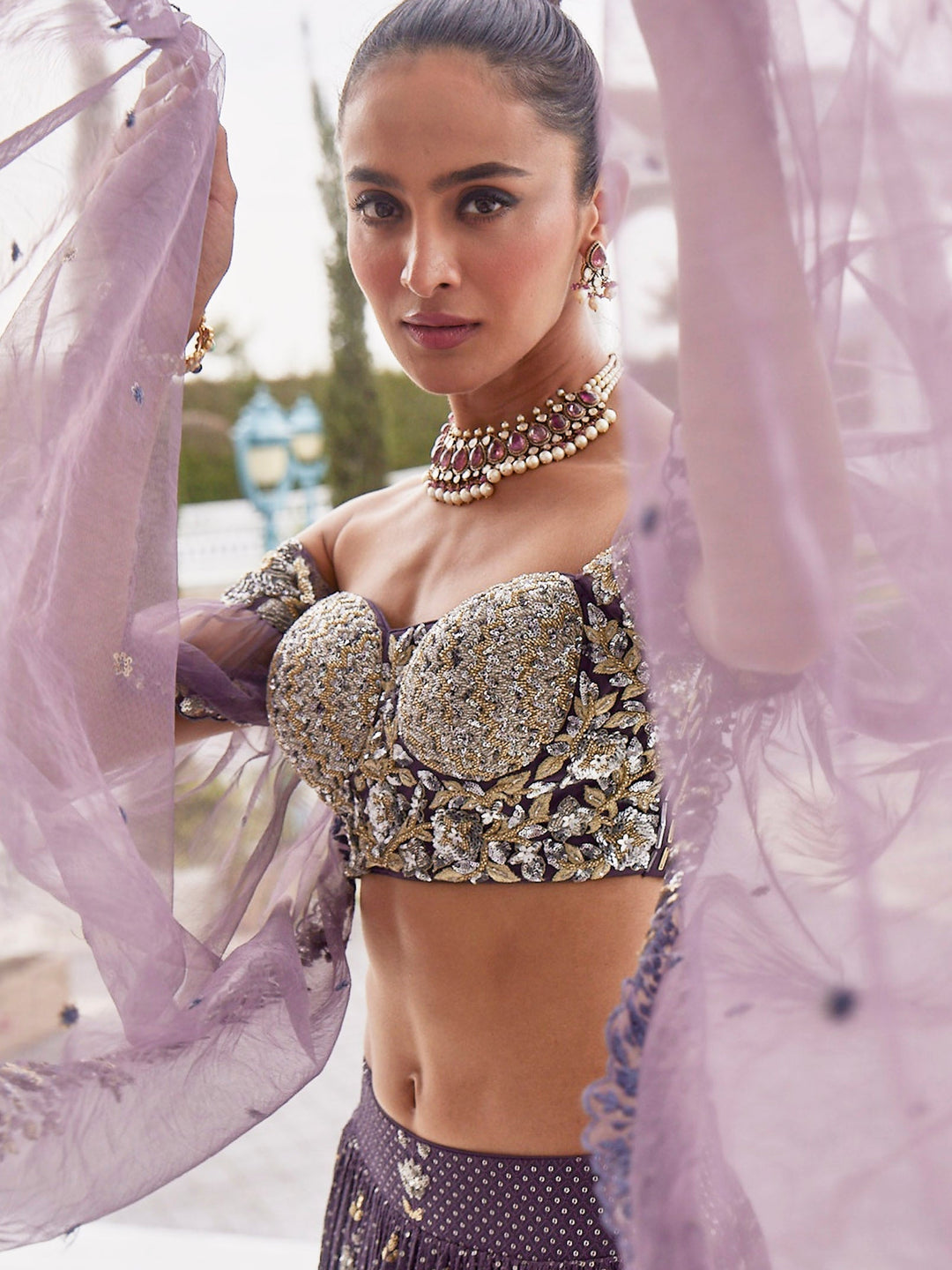Sequin Embroidered Georgette Choli With Lehenga