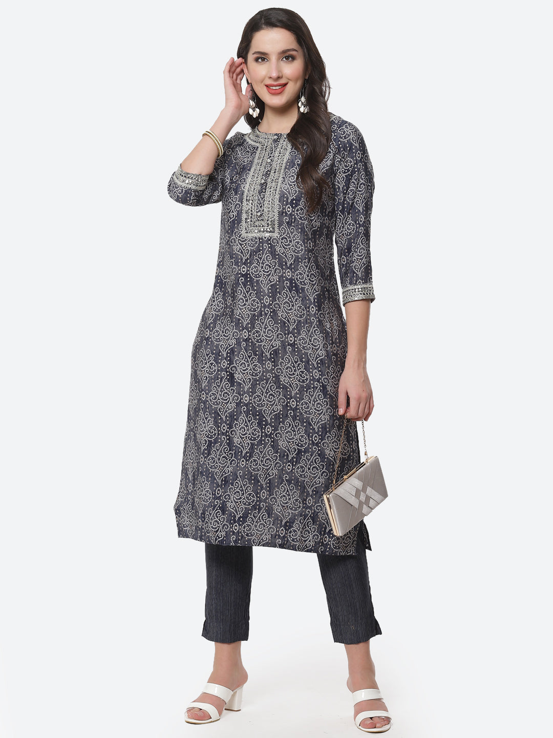 Bandhani Printed Zari Neck Cotton Kurti With Pant