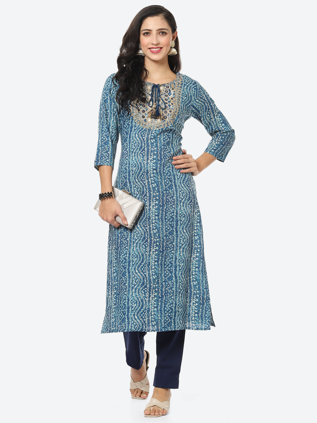 Yoke Embroided Bandhani Printed Cotton Kurti