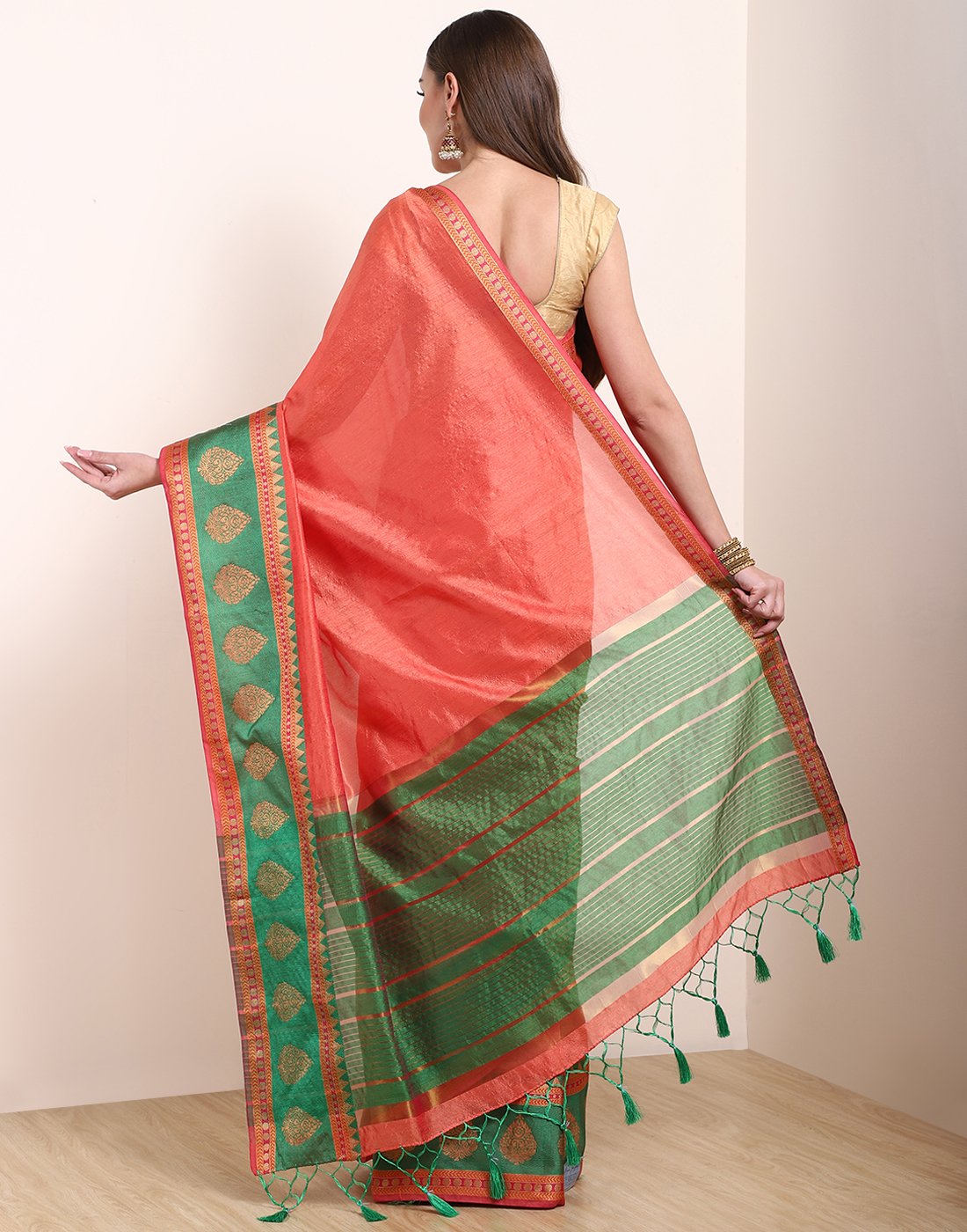 MBZ Meena Bazaar-Peach Art Handloom Saree