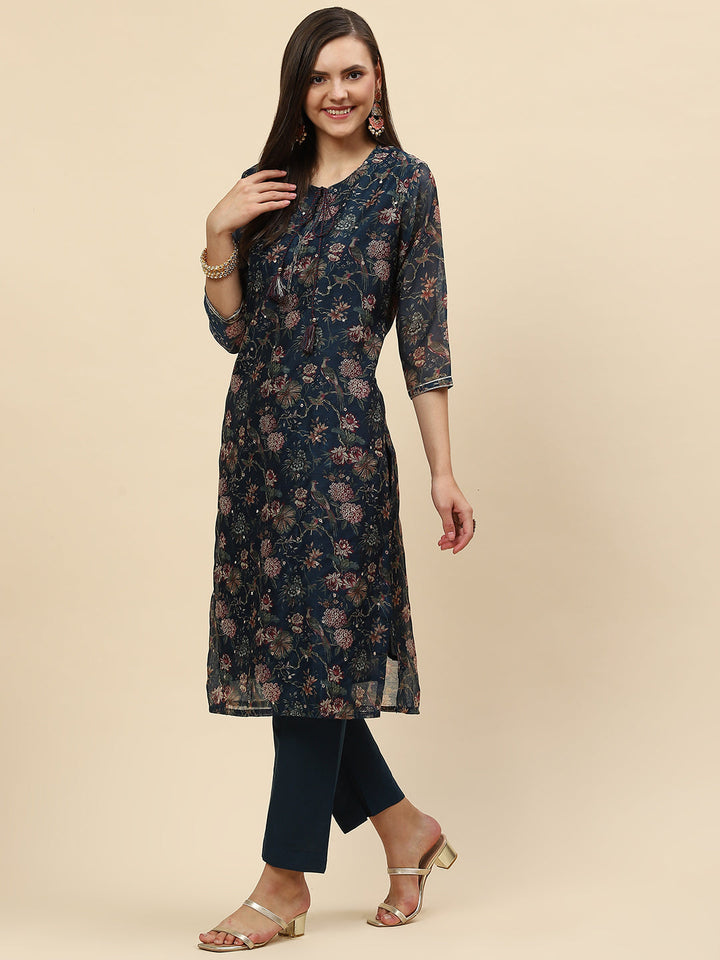 Floral Printed Chanderi Kurta With Pants