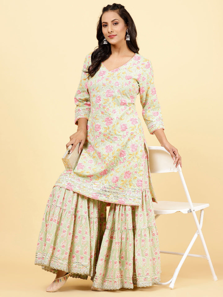 Printed Cotton Kurta With Garara