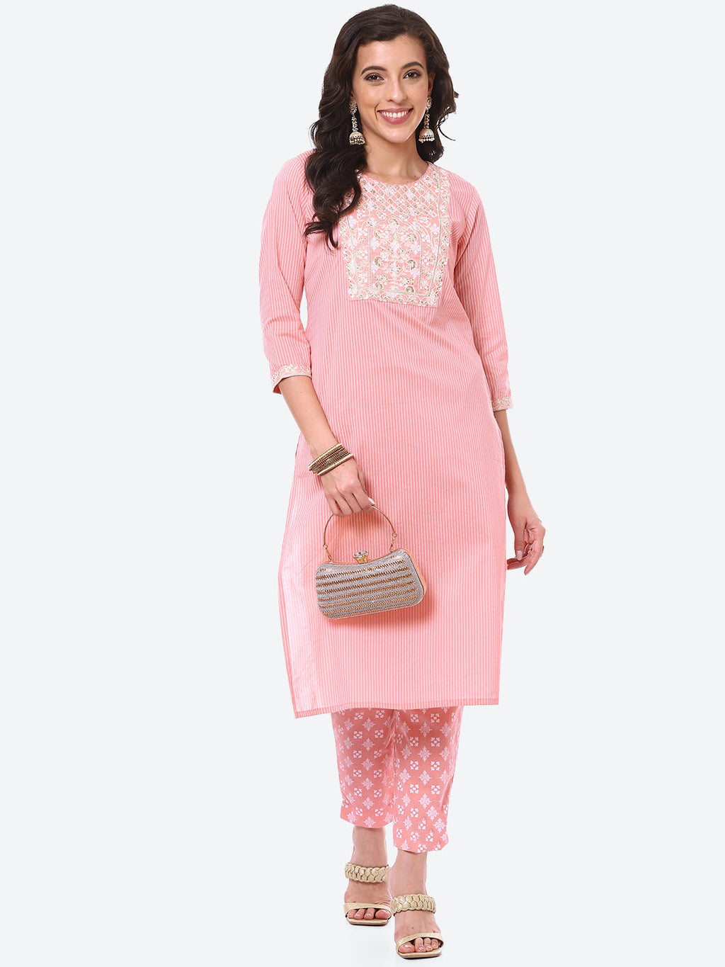 Zari Embroidered Yoke Printed Cotton Kurta With Pant