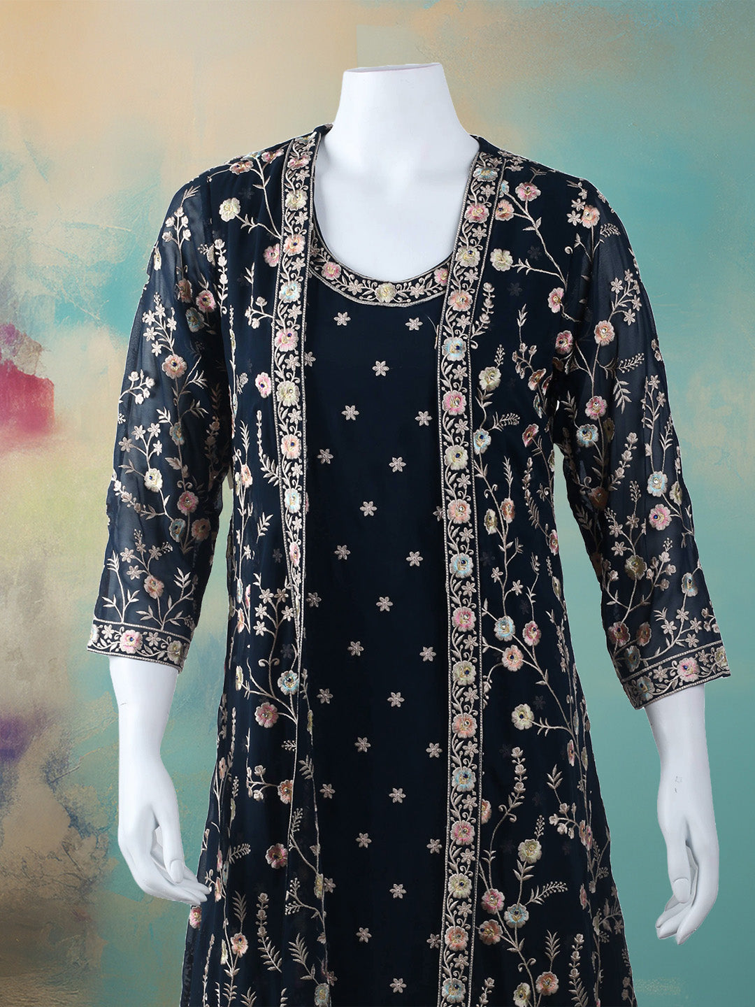 Embroidered Georgatte Gown With Jacket