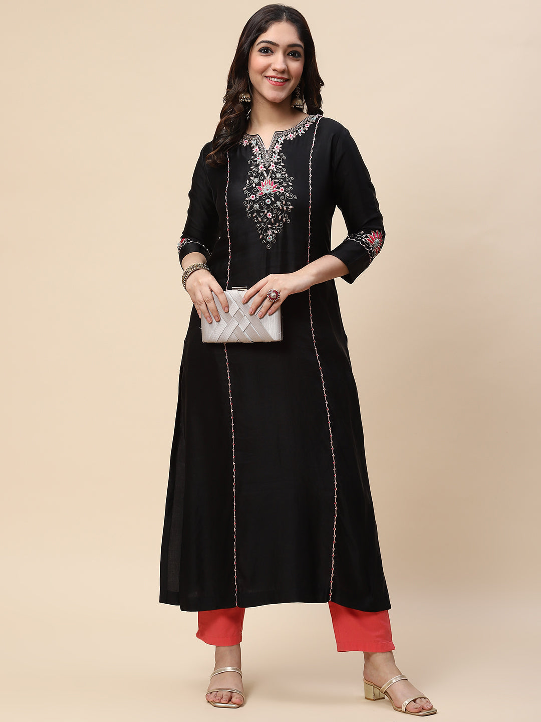 Neck Embroidered Satin Kurta