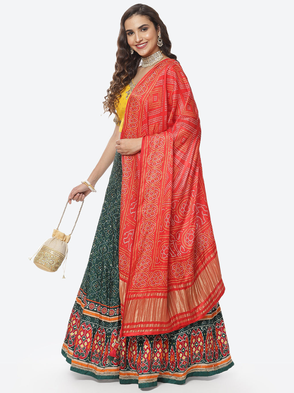 Printed Zari Neck Dupion Lehenga With Choli and Bandhani Printed Dupatta