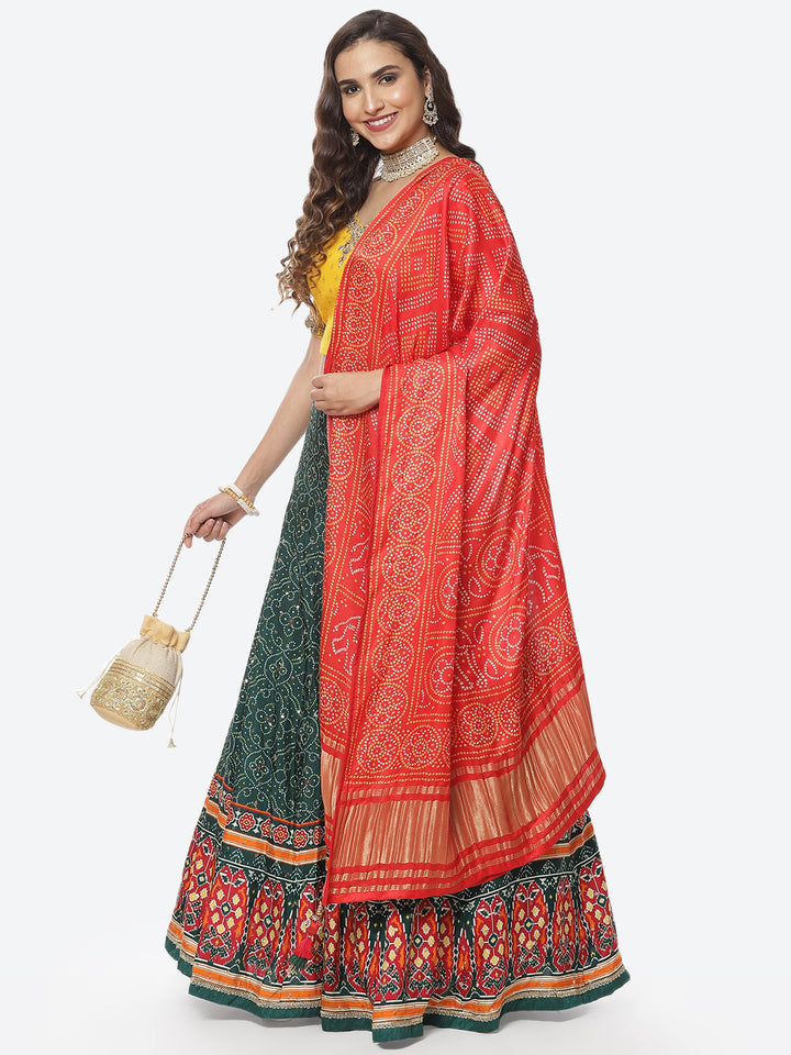 Printed Zari Neck Dupion Lehenga With Choli and Bandhani Printed Dupatta