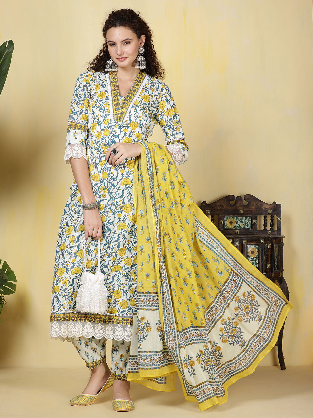 Printed Cotton Blend Kurta With Pants &amp; Dupatta