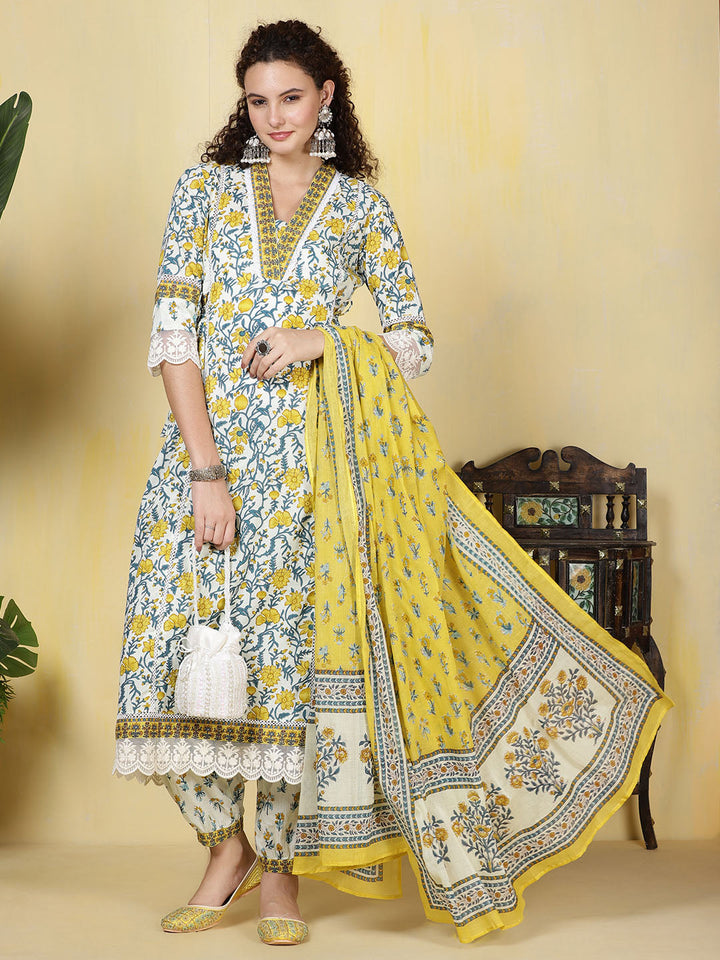 Printed Cotton Blend Kurta With Pants &amp; Dupatta