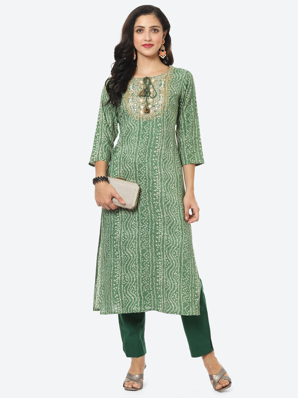 Yoke Embroided Bandhani Printed Cotton Kurti
