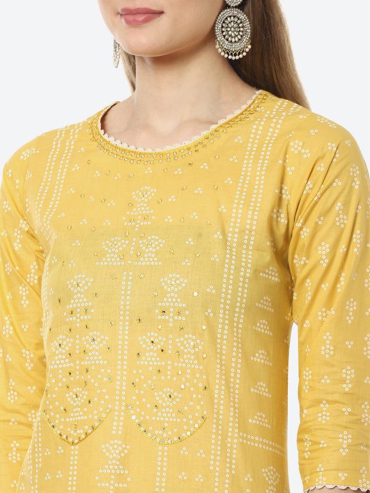 Bandhani Mirror Work Cotton Kurta With Pant &amp; Cotton Dupatta