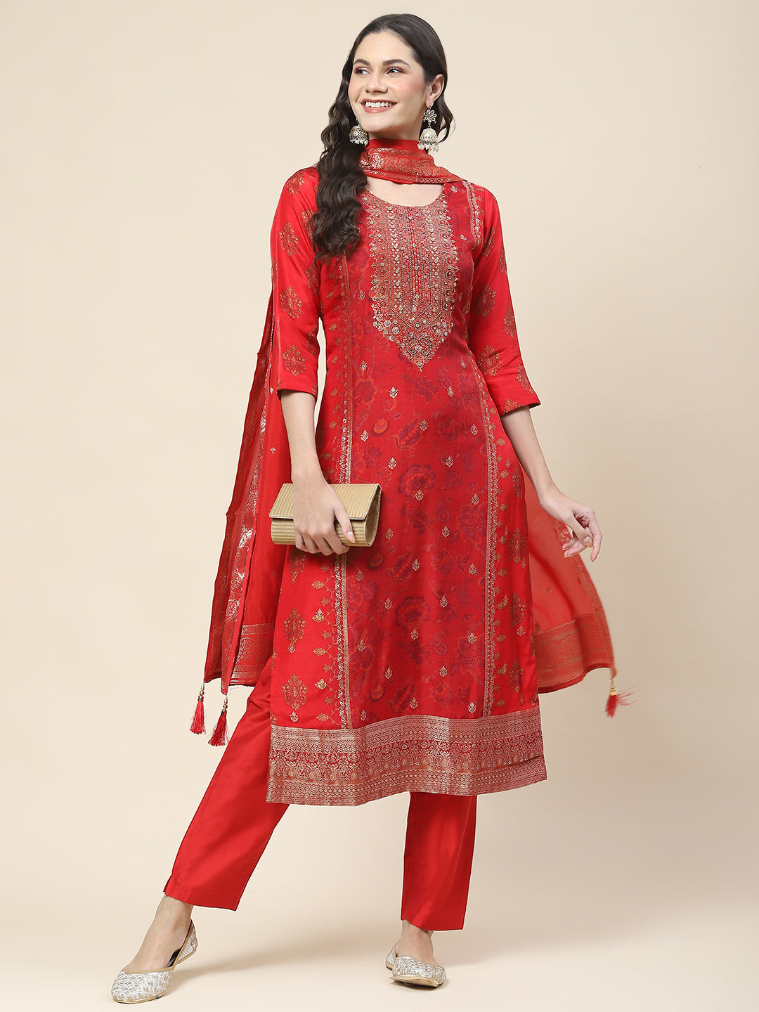 Floral Printed Handloom Kurta With Pants &amp; Dupatta