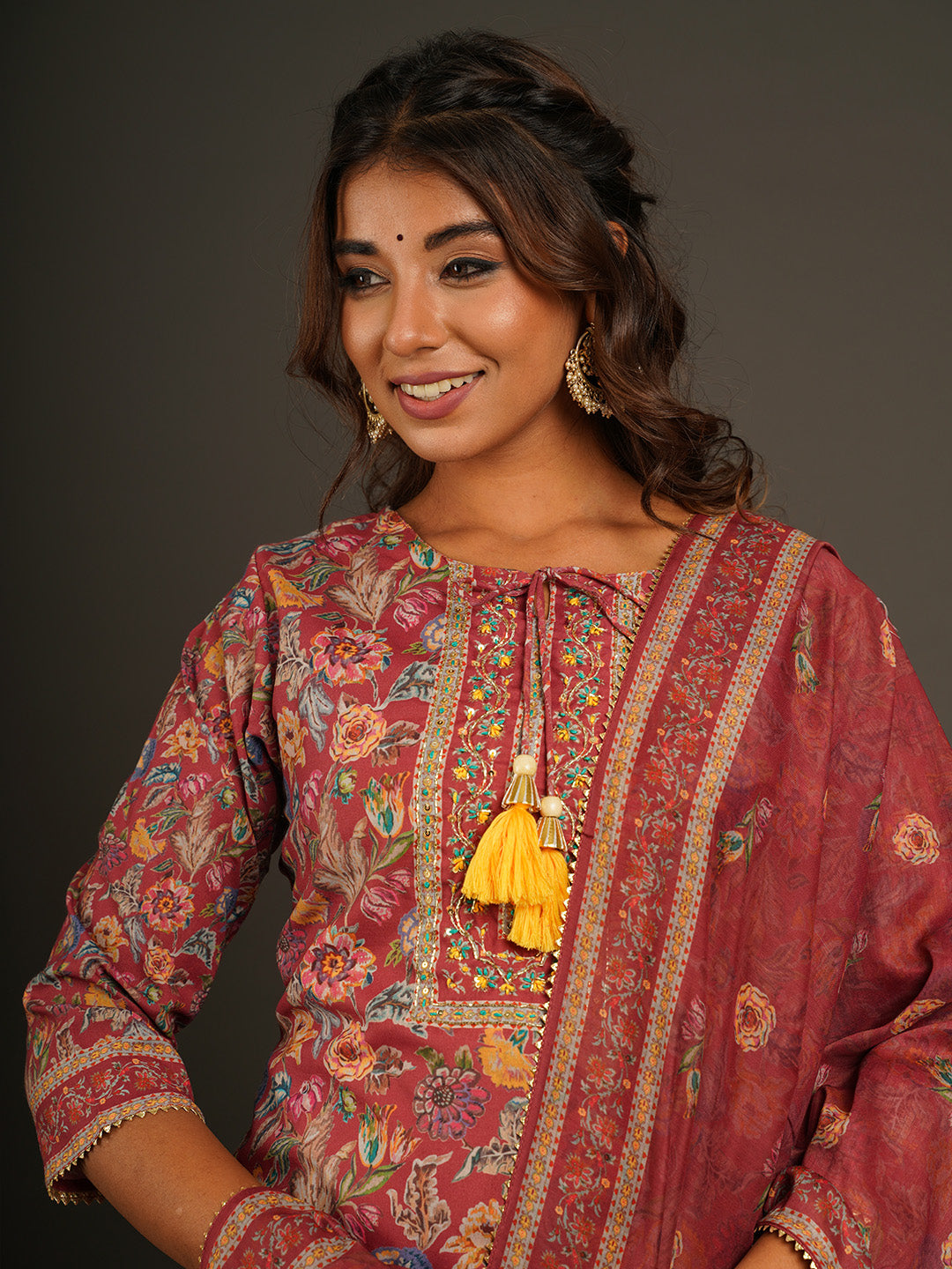 Floral Printed Muslin Kurta With Pants &amp; Dupatta