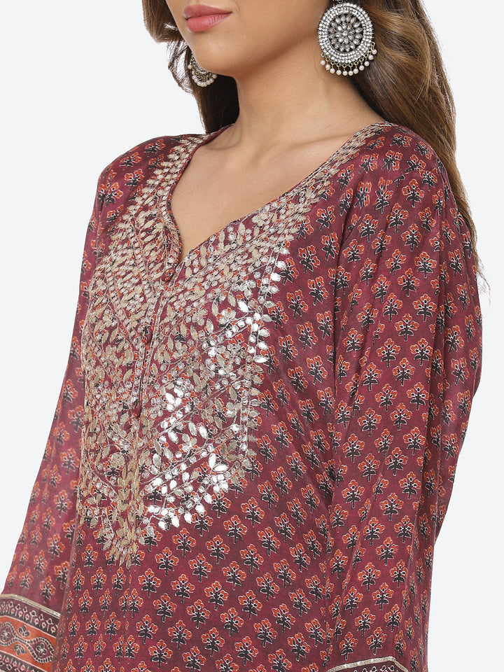 Printed Gota Neck Cotton Kurta With Palazzo &amp; Dupatta