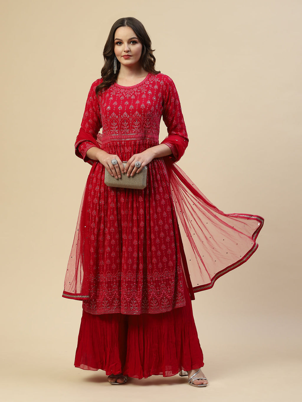 Embroidered Georgette Kurta With Palazzo & Dupatta
