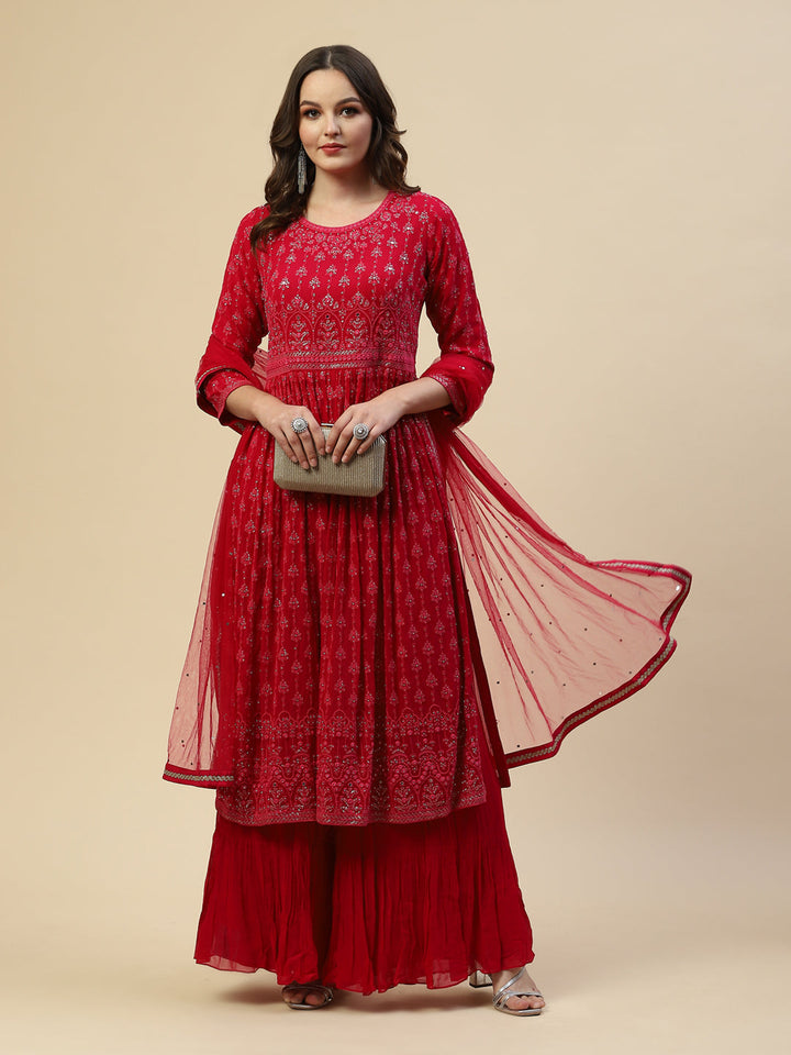 Embroidered Georgette Kurta With Palazzo &amp; Dupatta