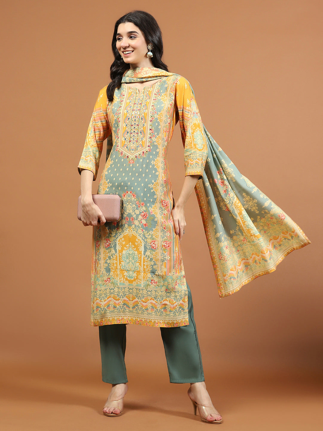 Green Printed Cotton Blend Kurta With Pant & Dupatta