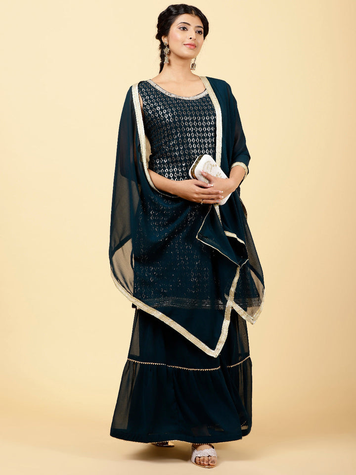 Sequin Embroidered Georgette Kurta With Garara &amp; Dupatta