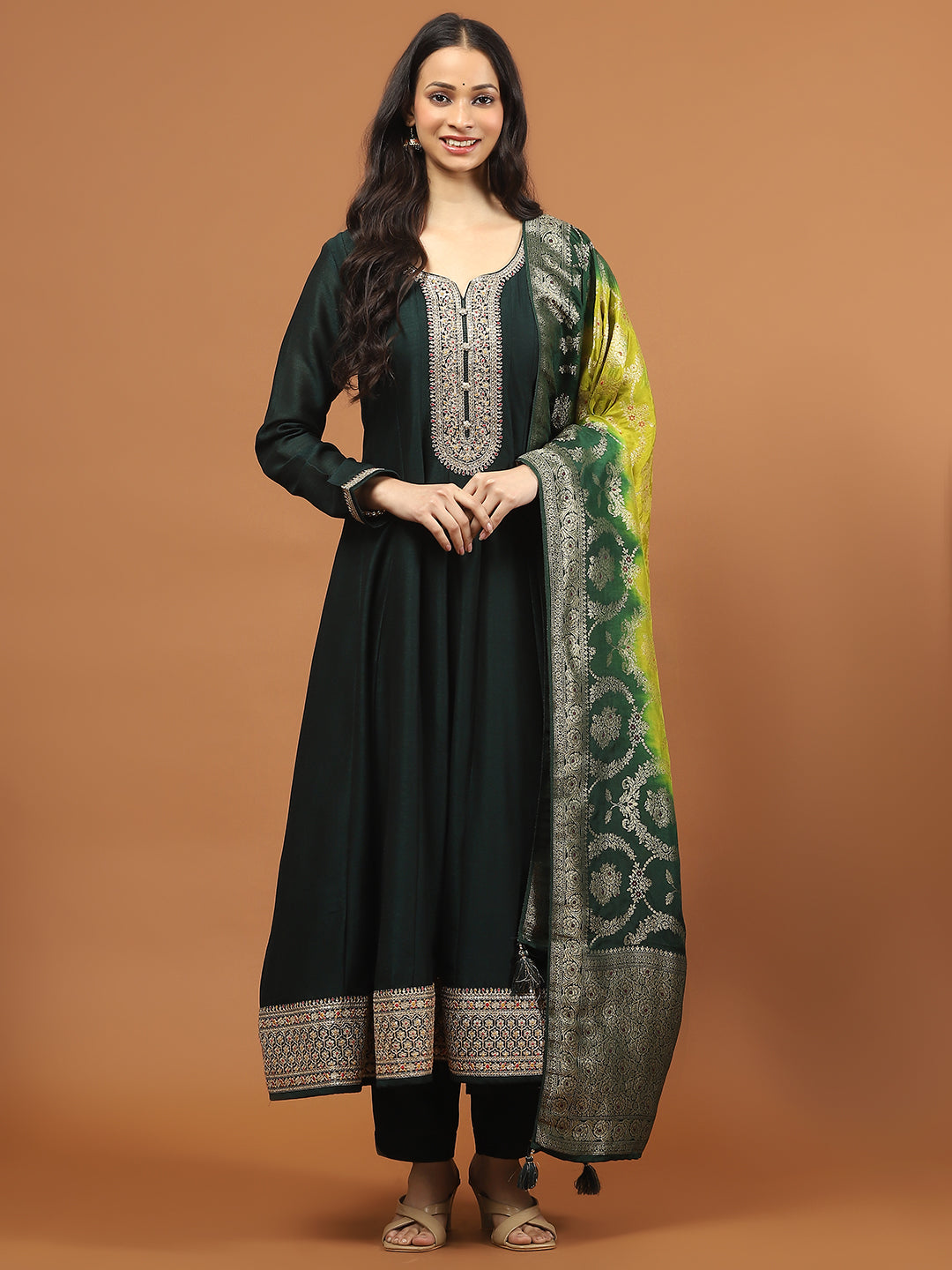 Zari Sequin Embroidery Art Silk Kurta With Pants &amp; Dupatta