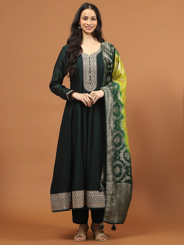 Zari Sequin Embroidery Art Silk Kurta With Pants &amp; Dupatta