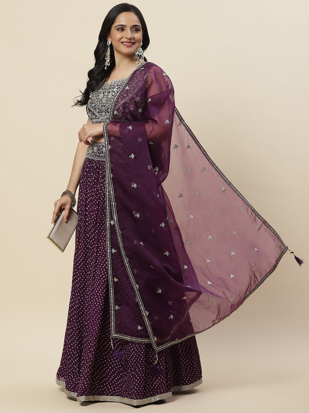 Bandhani Printed Georgette Choli With Lehenga &amp; Dupatta