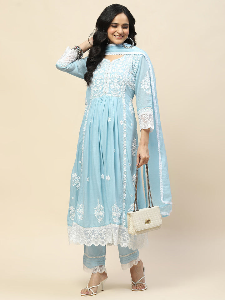 Neck Embroidery Cotton Anarkali With Pants &amp; Dupatta