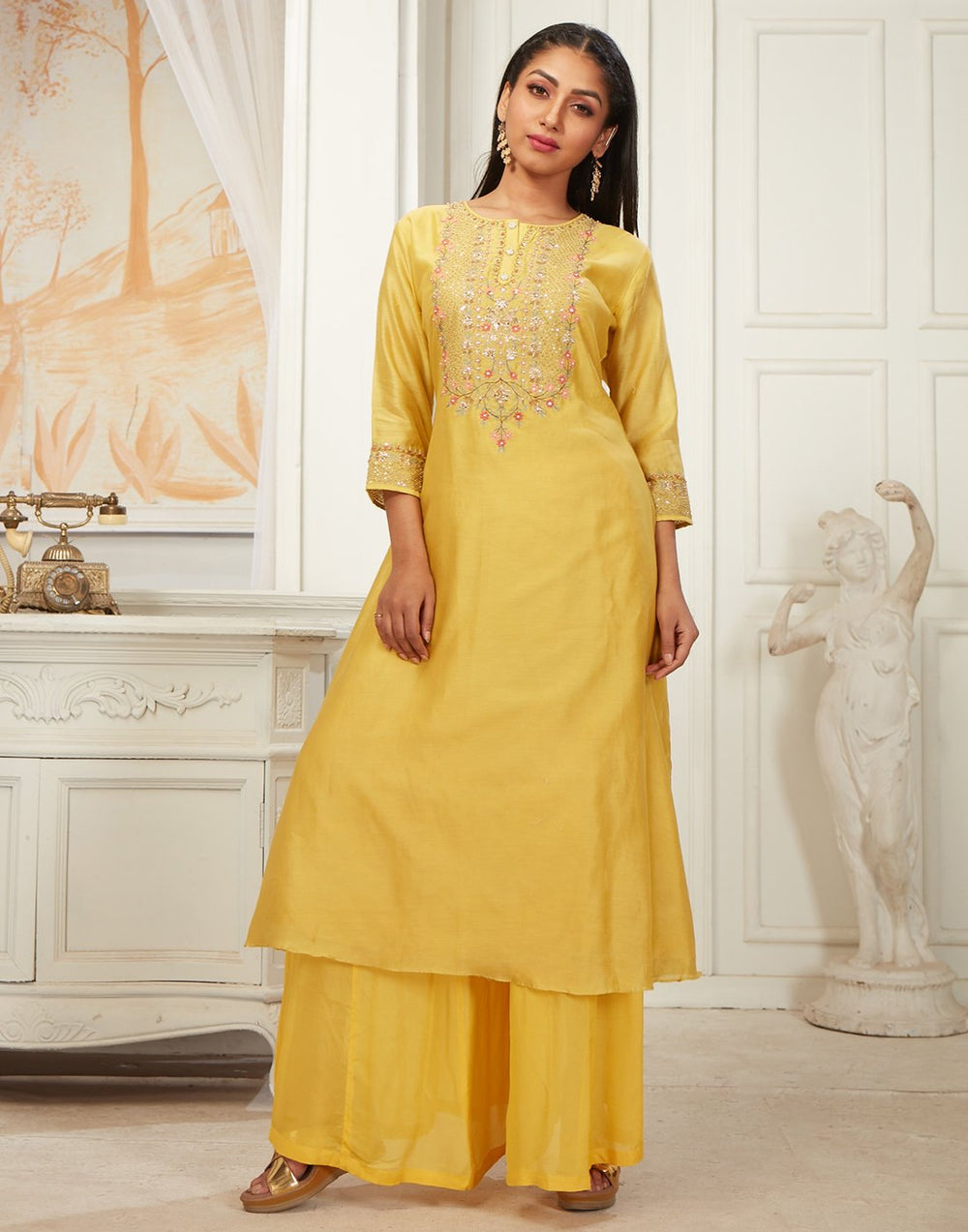 MBZ Meena Bazaar-Mustard Cotton Chanderi Kurti