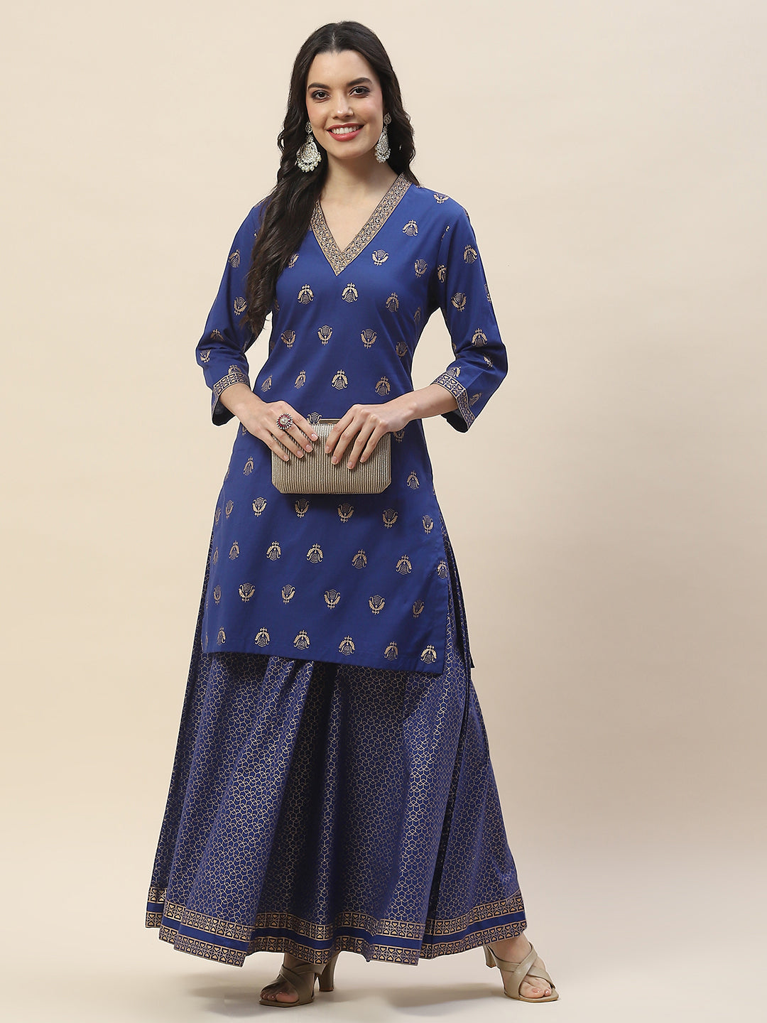 Printed Neck Patti Cotton Kurta With Skirt
