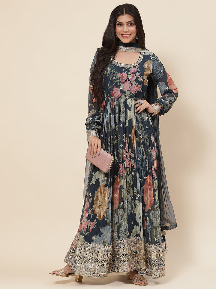 Printed Georgette Kurta With Pants &amp; Dupatta