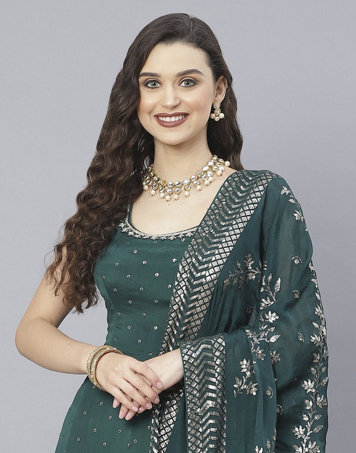 Wine and Bottle Green Art Crepe Salwar Kameez