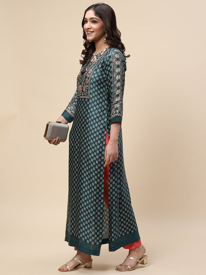 Zari Neck Embroidered &amp; Printed Satin Kurta