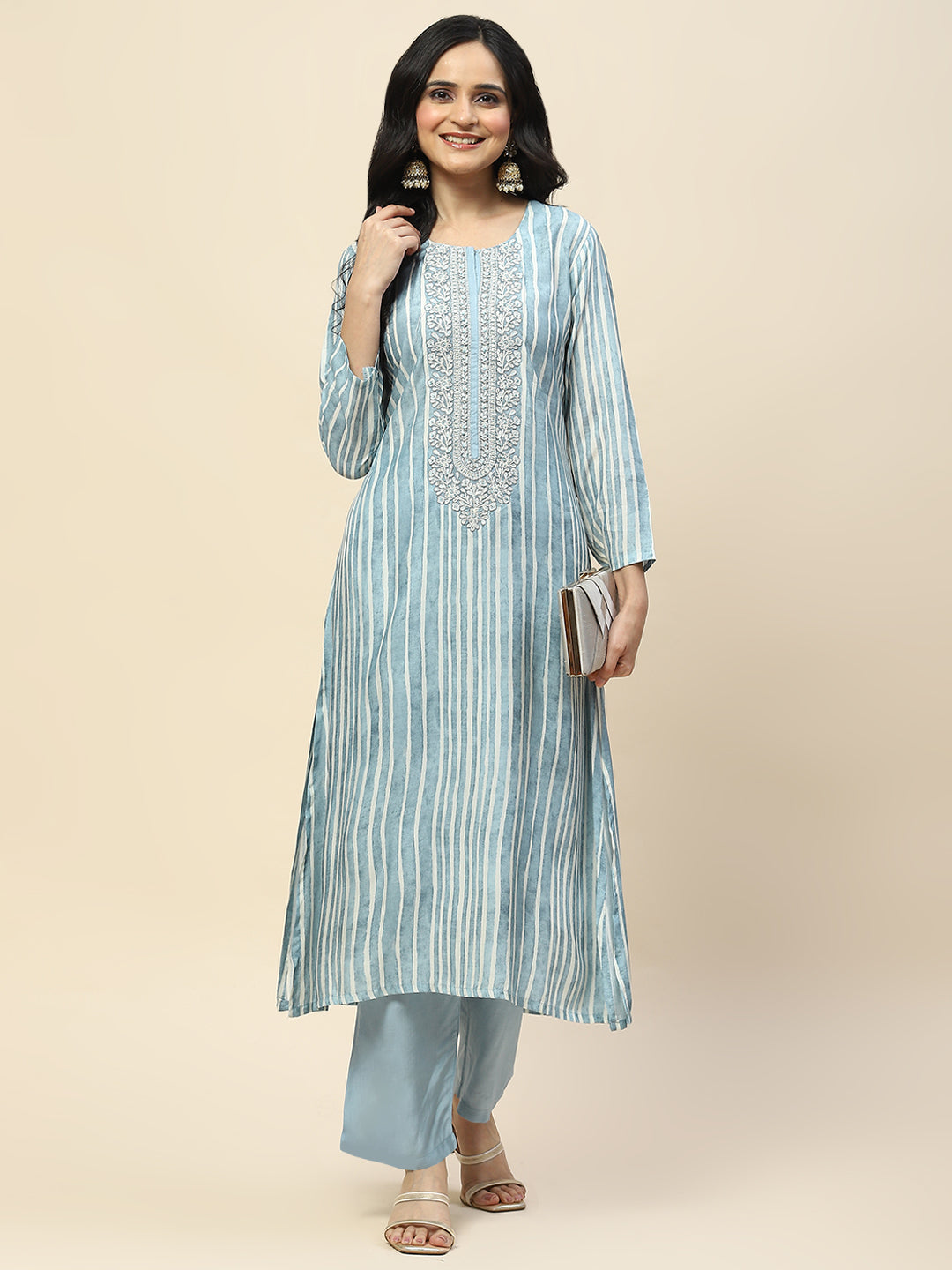 Neck Embroidered Printed Cotton Straight Kurta With Palazzo