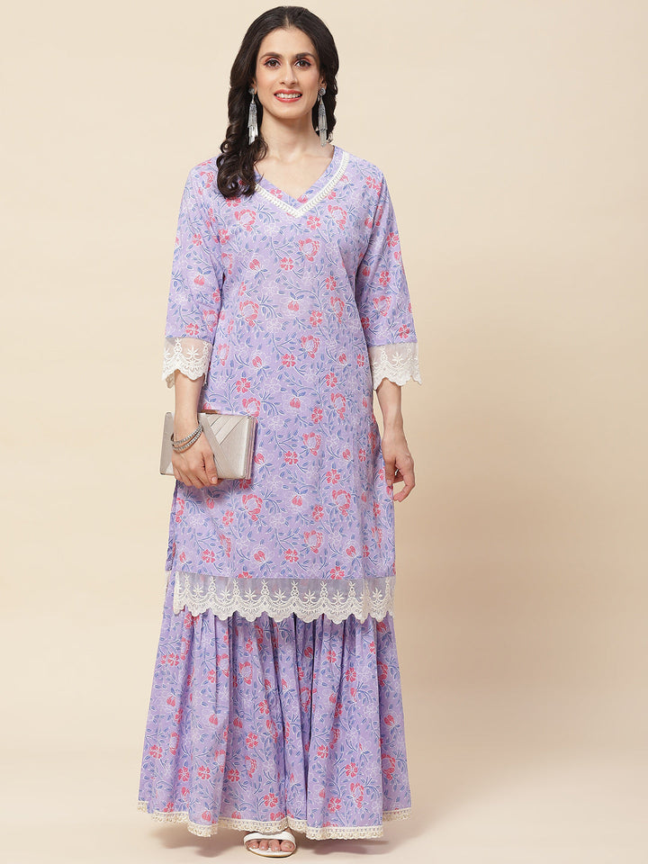 Floral Printed Cotton Kurta With Sharara