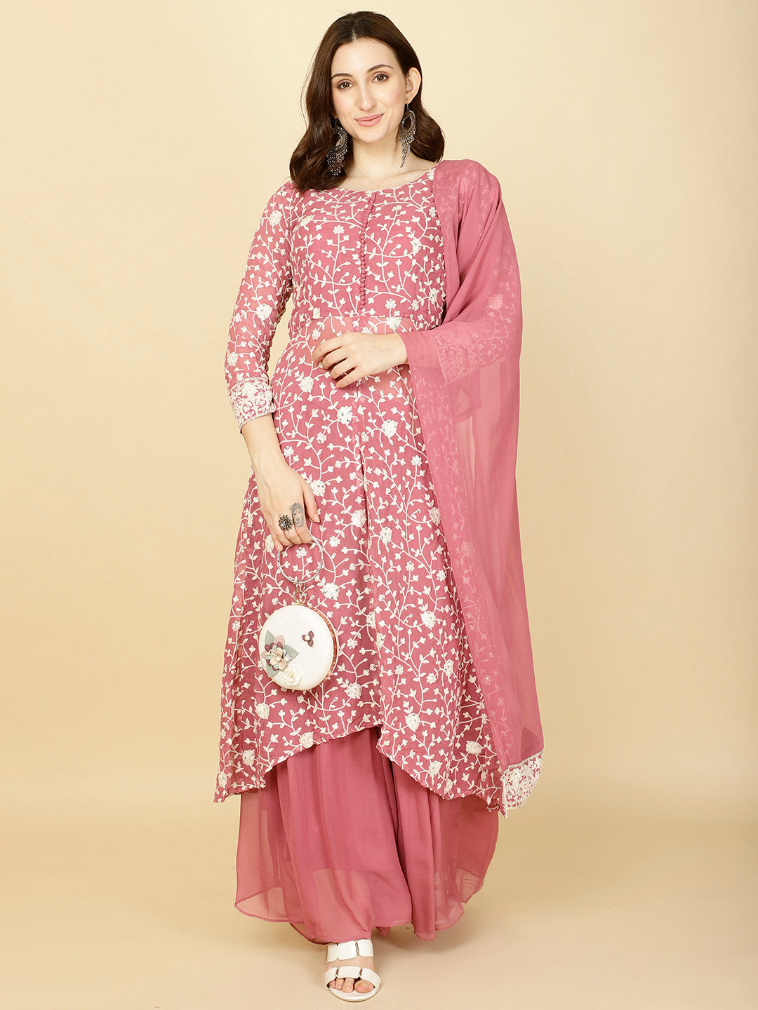 Resham Embroidery Georgette Kurta With Sharara &amp; Dupatta