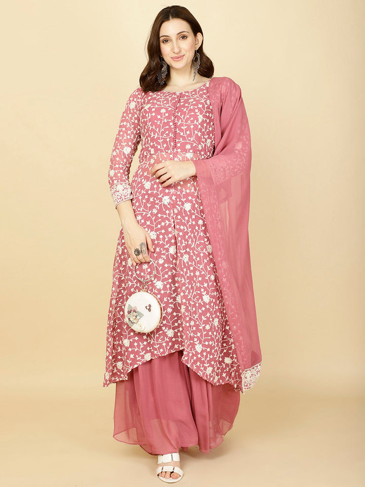 Resham Embroidery Georgette Kurta With Sharara &amp; Dupatta