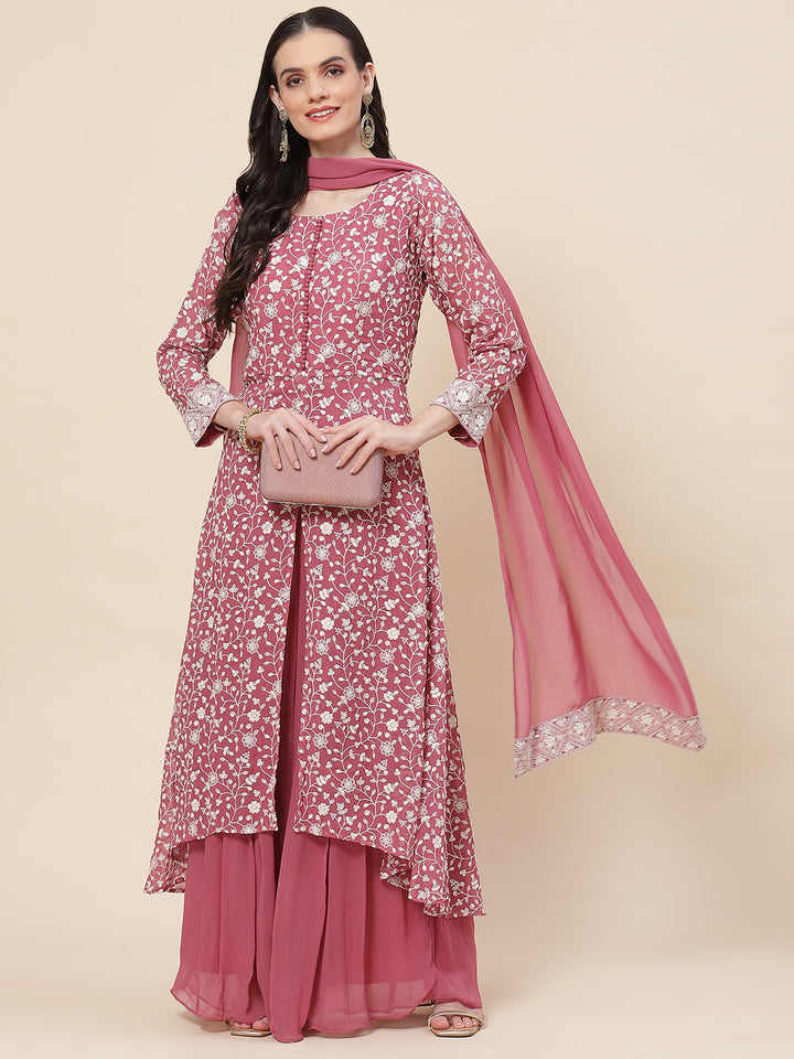 Embroidered Georgette Kurta With Palazzo &amp; Dupatta