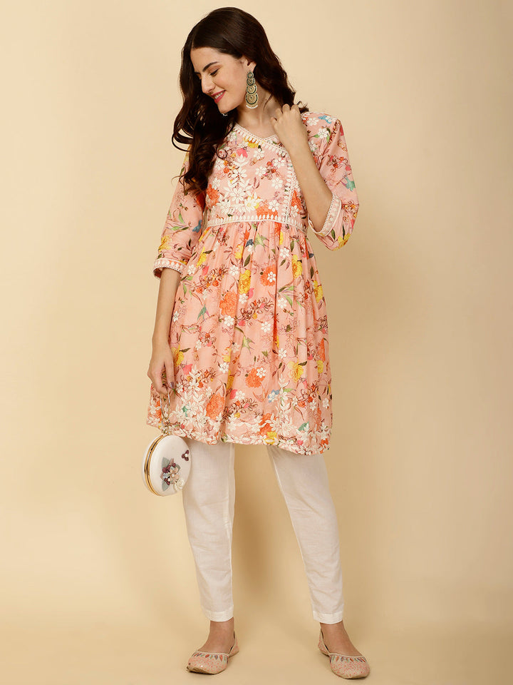 Chikankari &amp; Floral Printed Cotton Kurti