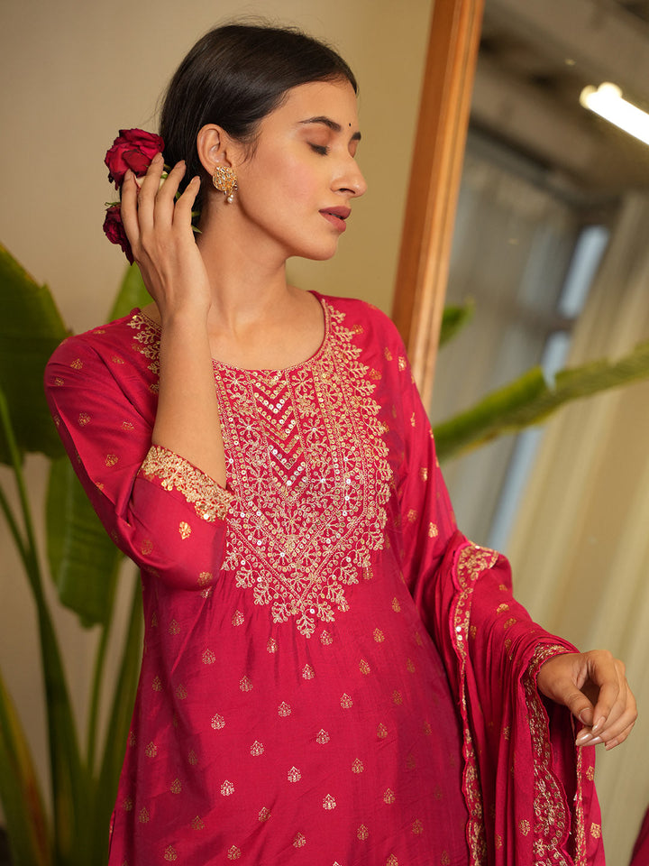 Neck Embroidered Chanderi Kurta With Garara &amp; Dupatta