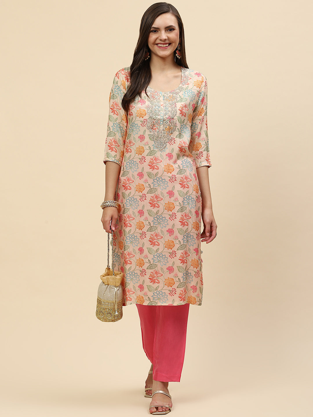 Zari Embroidered &amp; Printed Cotton Kurta With Pants