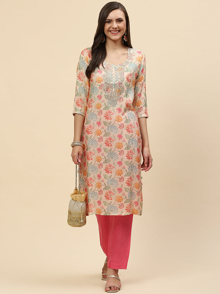 Zari Embroidered &amp; Printed Cotton Kurta With Pants