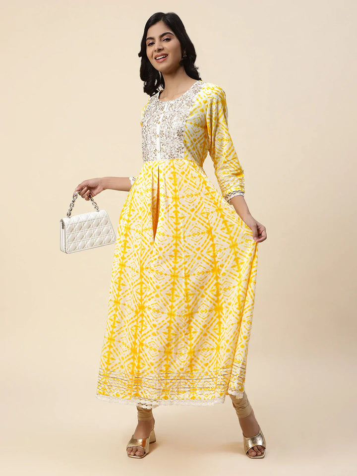 Printed &amp; Yoke Embroidered Cotton Anarkali Kurta