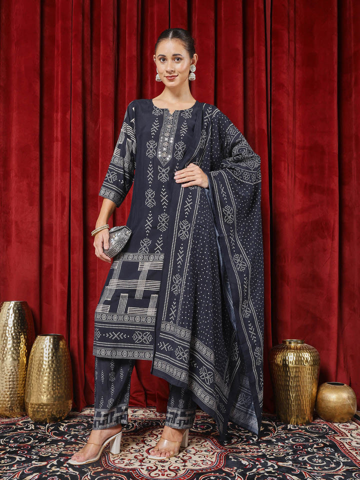 Printed Chanderi Kurta With Pants &amp; Dupatta