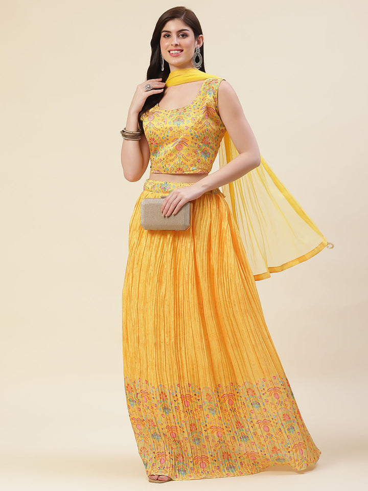Floral Printed Crepe Choli With Lehenga &amp; Dupatta