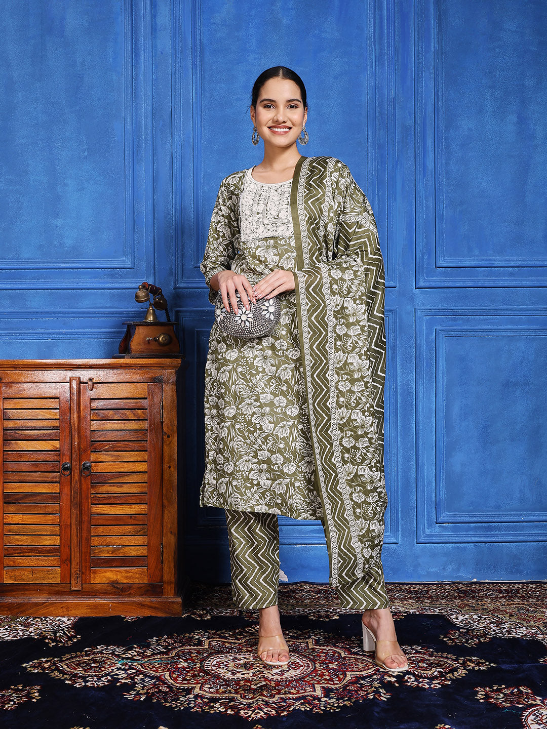 Printed Cotton Blend Kurta With Pants &amp; Dupatta