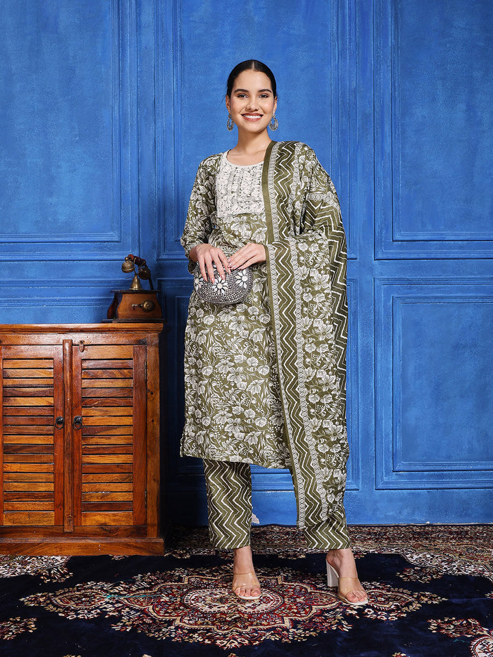 Printed Cotton Blend Kurta With Pants &amp; Dupatta