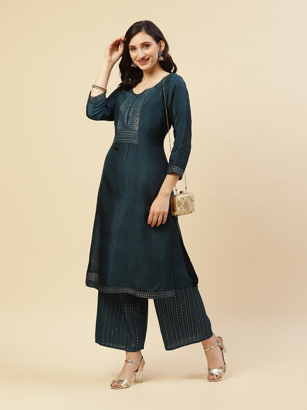 Sequence Embroidered Kurti With Palazzo
