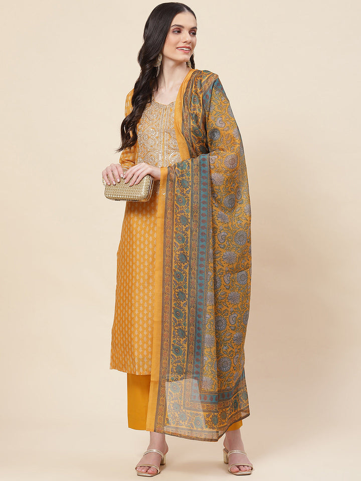 Printed &amp; Neck Embroidered Chanderi Kurta With Pants &amp; Dupatta