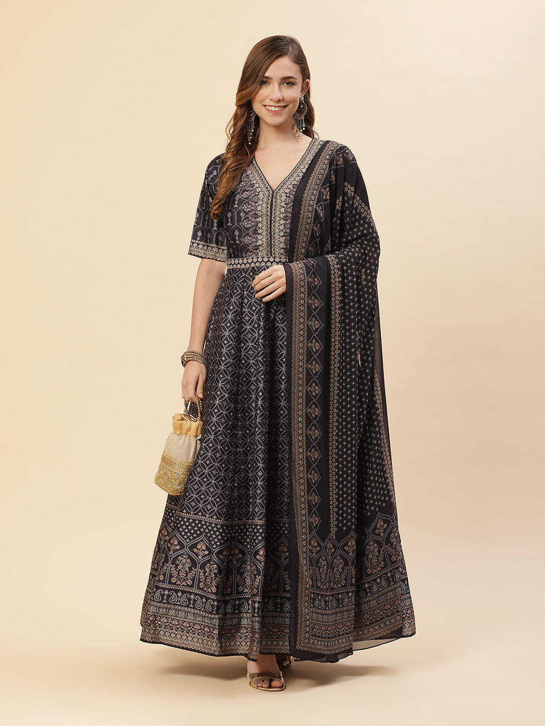 Art Tussar Digital Printed Anarkali Kurti With Chudidar And Printed Dupatta