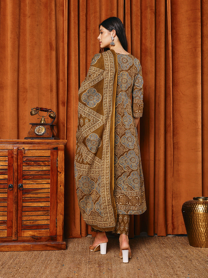 Printed Cotton Blend Kurta With Pants &amp; Dupatta