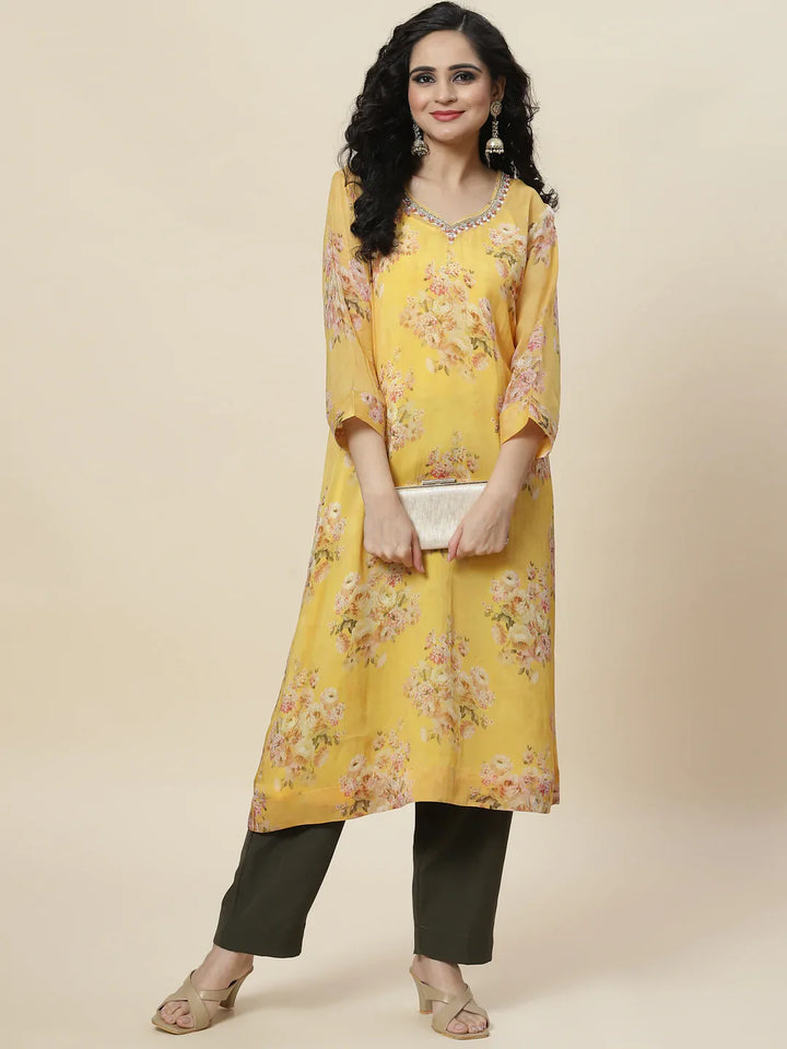 Floral Printed Organza Kurta With Palazzo &amp; Inner